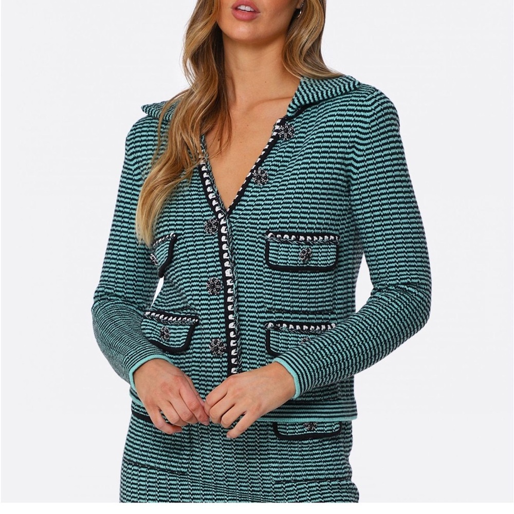 Self-Portrait Stripe Pocket Detail Collared Cardigan in Green Wool Cotton Small